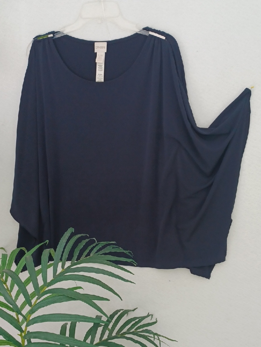 Chico's Navy Draped Dolman Tunic With Exposed Shoulder.